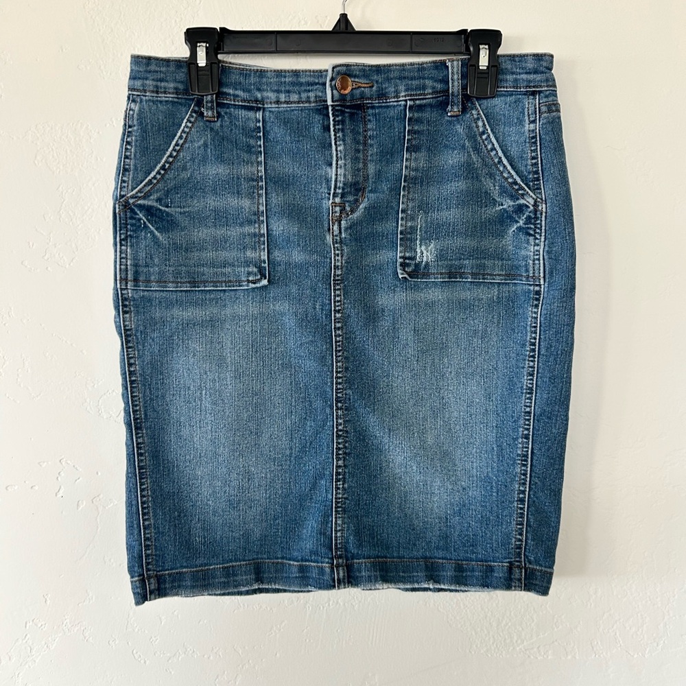 Cafe Denim Women's Blue Denim Mini Skirt with Front Patch Pockets Size 11/12